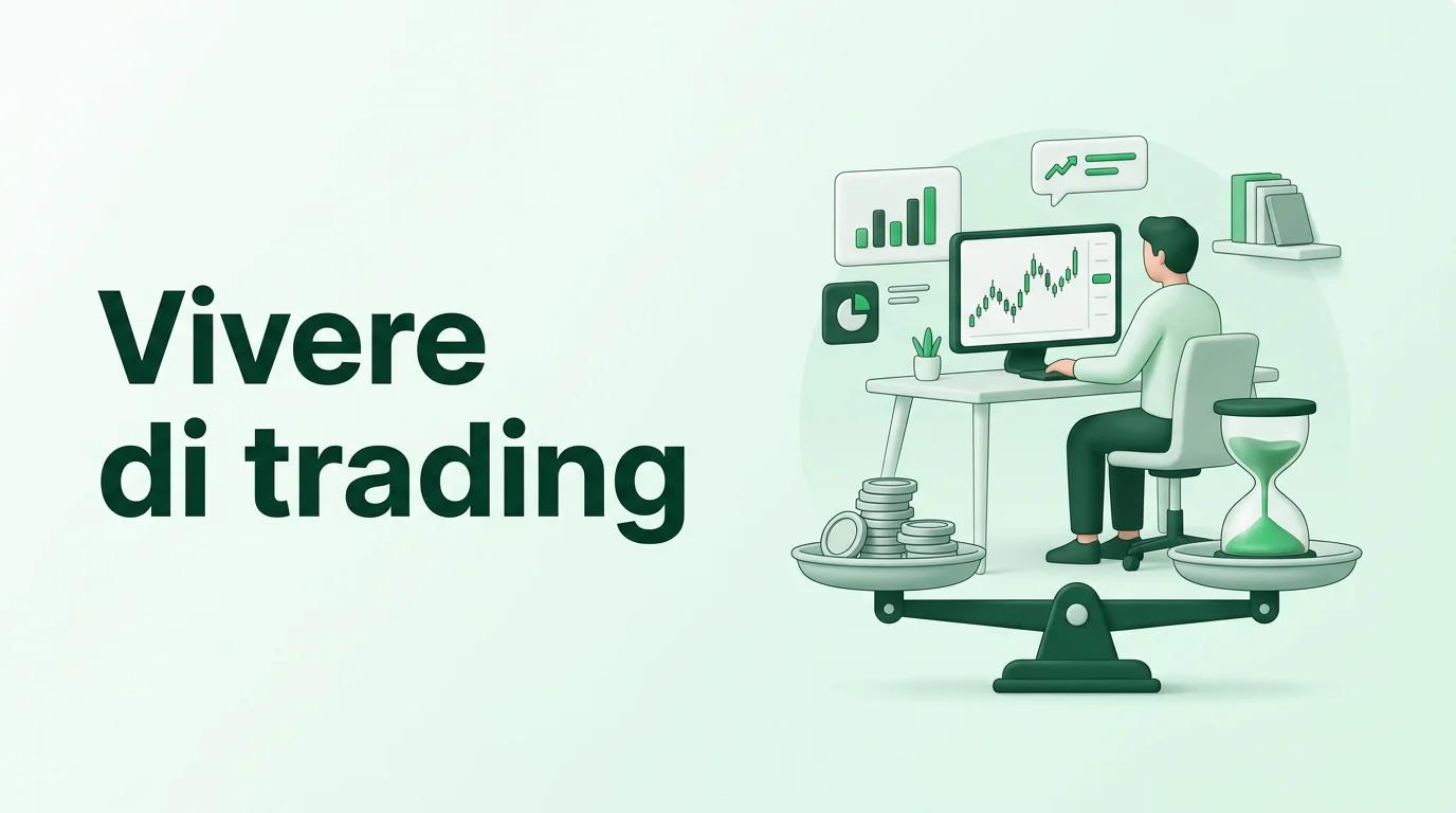 Trader solitario al computer che osserva un grafico, con una bilancia che pesa il capitale iniziale rispetto al tempo di appr