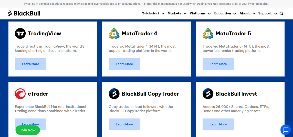 Sezione piattaforme con MT4, MT5, cTrader e integrazione TradingView