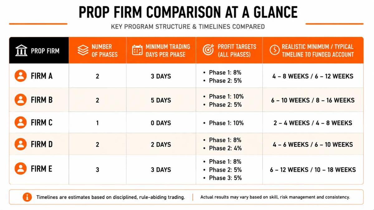 Comparison table graphic showing phase structure, minimum trading days, and typical timelines for all five firms