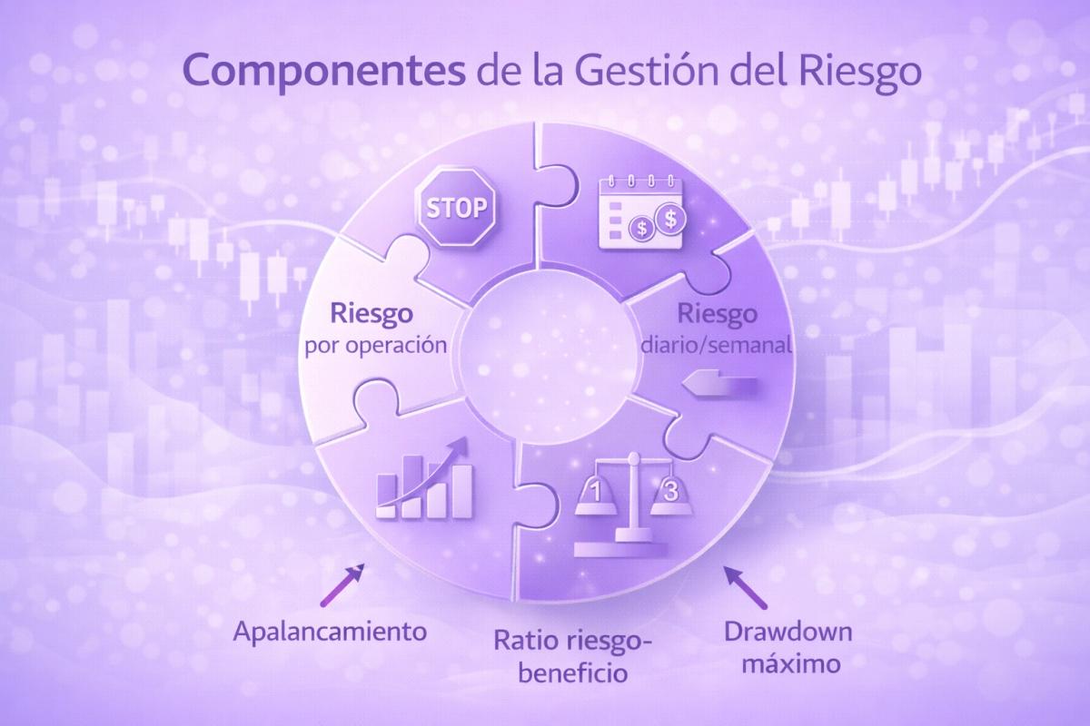 Diagrama visual con los cinco componentes clave de la gestión del riesgo conectados como piezas de un sistema
