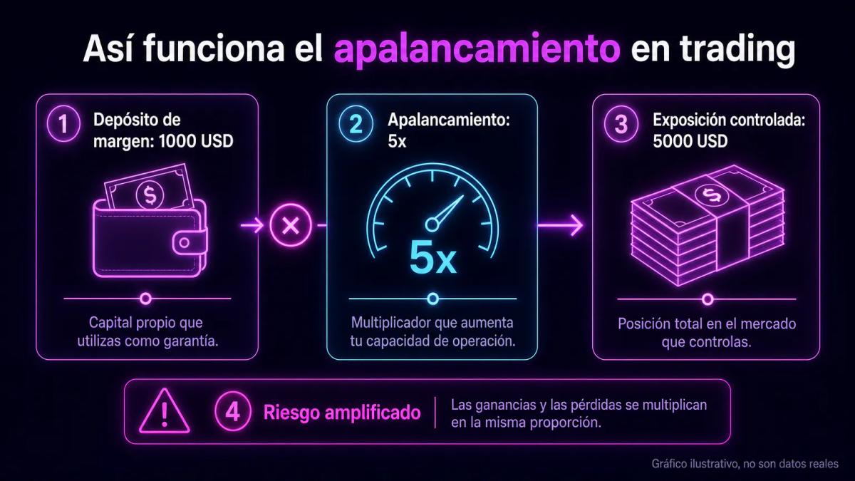Gráfico editorial mostrando depósito de margen, multiplicador de apalancamiento y exposición total controlada