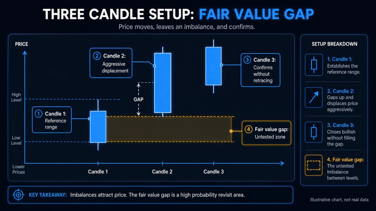 Three candlesticks showing a bullish fair value gap with the imbalance zone labeled between candle one and candle three