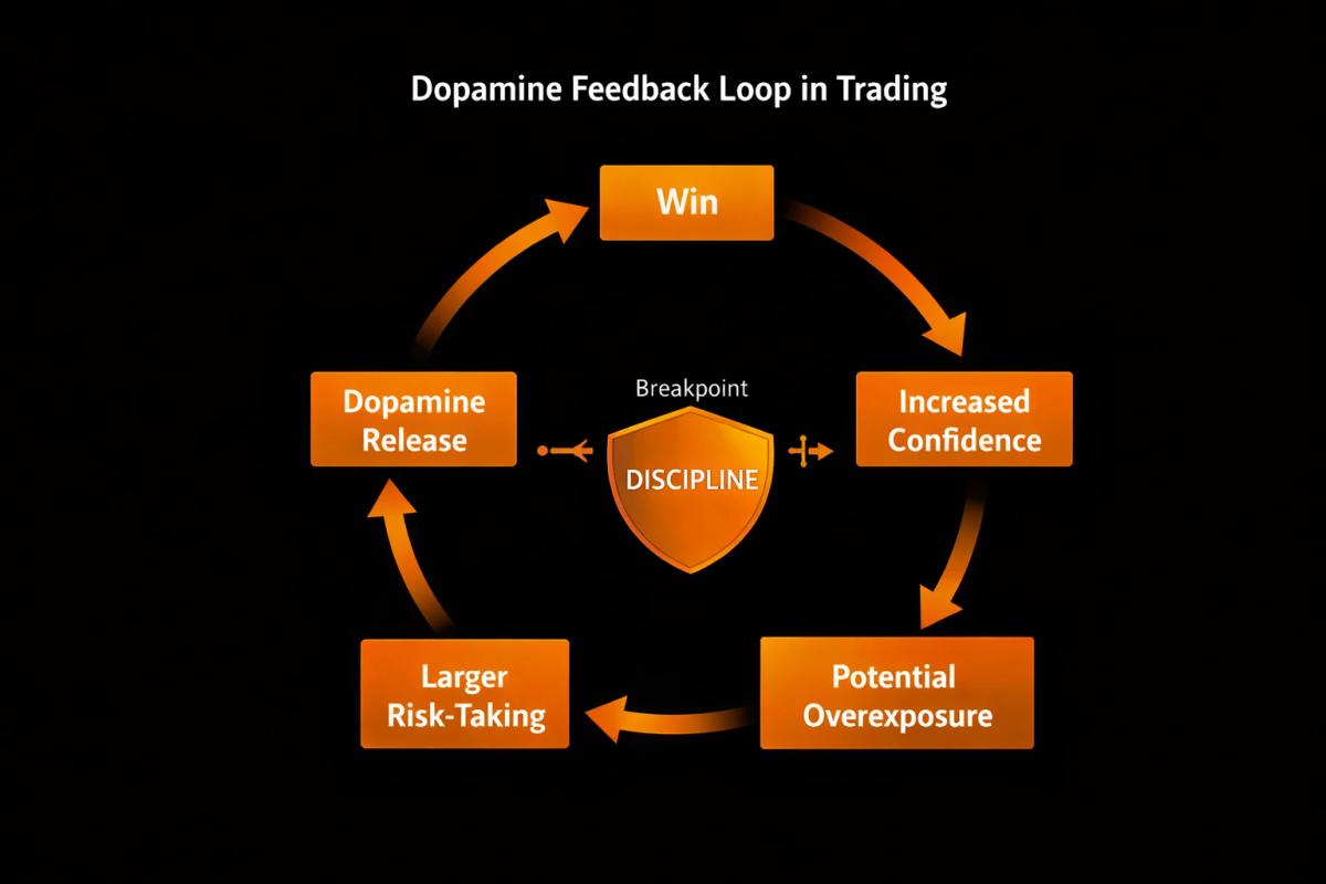 Dopamine feedback loop diagram showing the cycle from winning trades to overexposure with a discipline intervention breakpoint