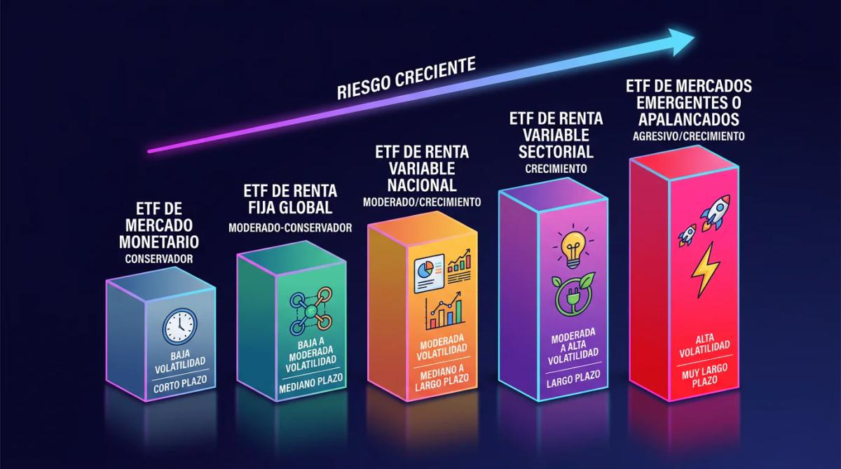 Tabla comparativa de cinco categorías de ETFs con volatilidad y horizonte temporal