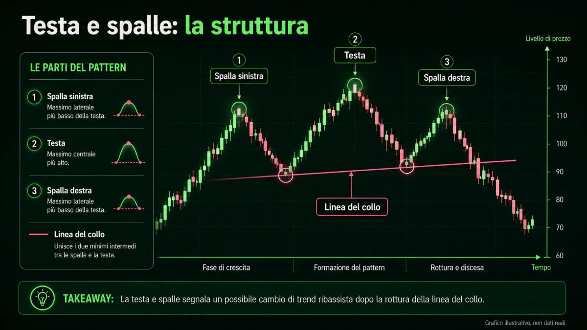 Grafico illustrativo della struttura del pattern testa e spalle: spalla sinistra, testa, spalla destra e linea del collo