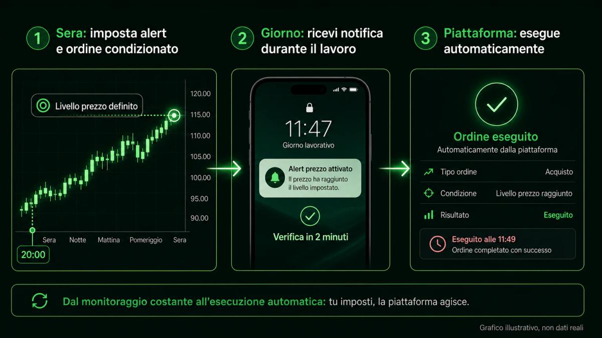 Flusso di automazione: alert di prezzo notificato, verifica rapida, ordine condizionato eseguito automaticamente