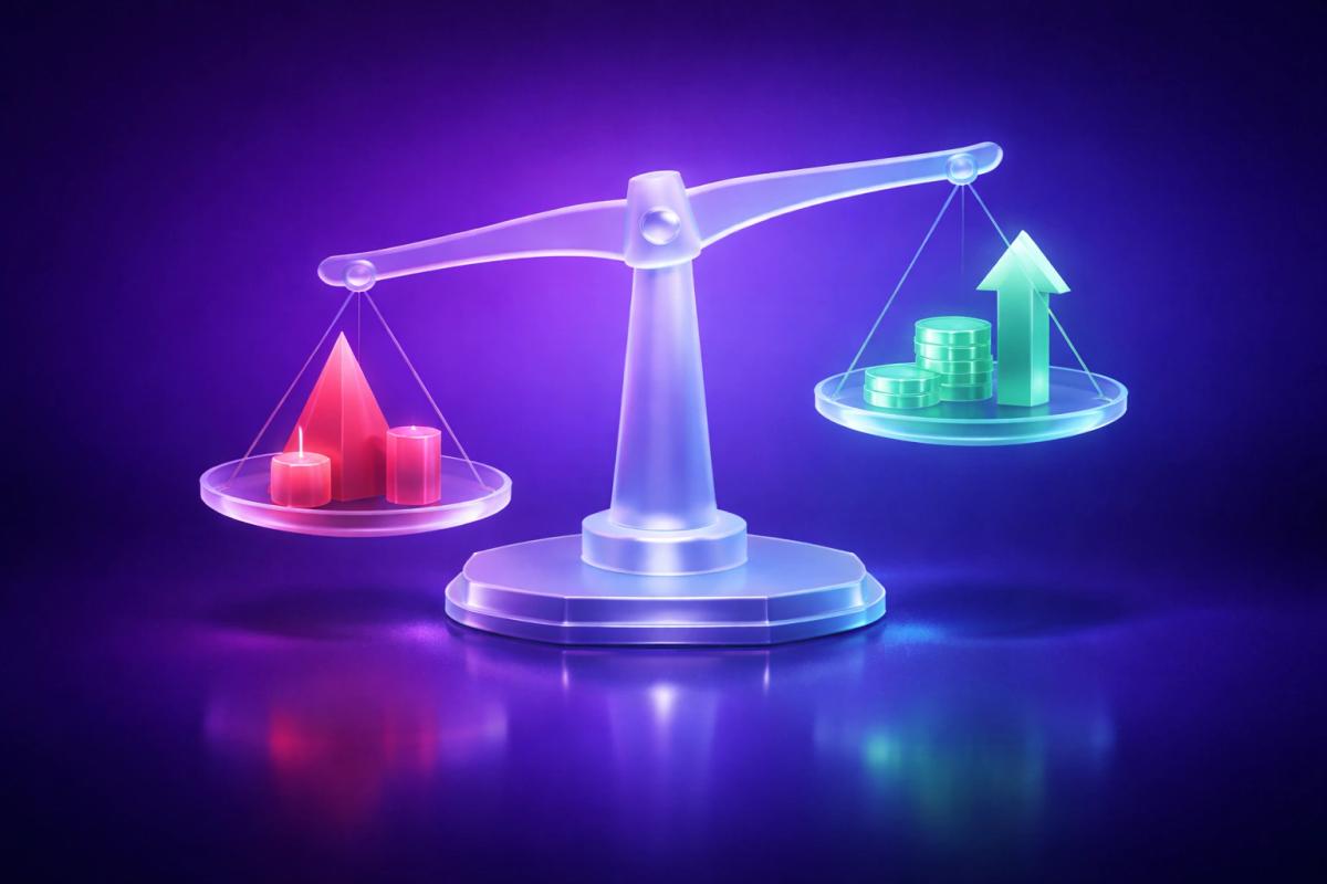 Balanza translúcida 3D que representa el equilibrio entre riesgo y recompensa