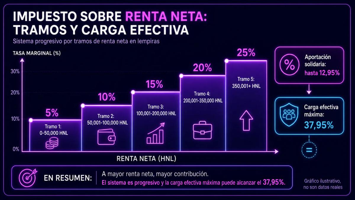 Tabla de tramos de ISR en Honduras con porcentajes progresivos desde 5% hasta 37,95% según renta anual en lempiras
