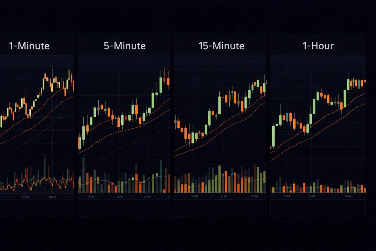 Same stock price action compared across 1-minute 5-minute 15-minute and 1-hour chart timeframes