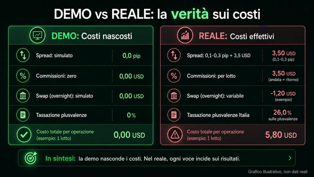 Tabella comparativa di costi: demo con zero commissioni e spread fissi, reale con spread variabili, commissioni ECN e tassazi