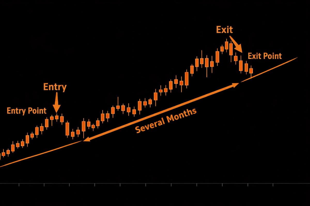 Weekly chart showing a position trade entry and exit over several months in a long-term uptrend