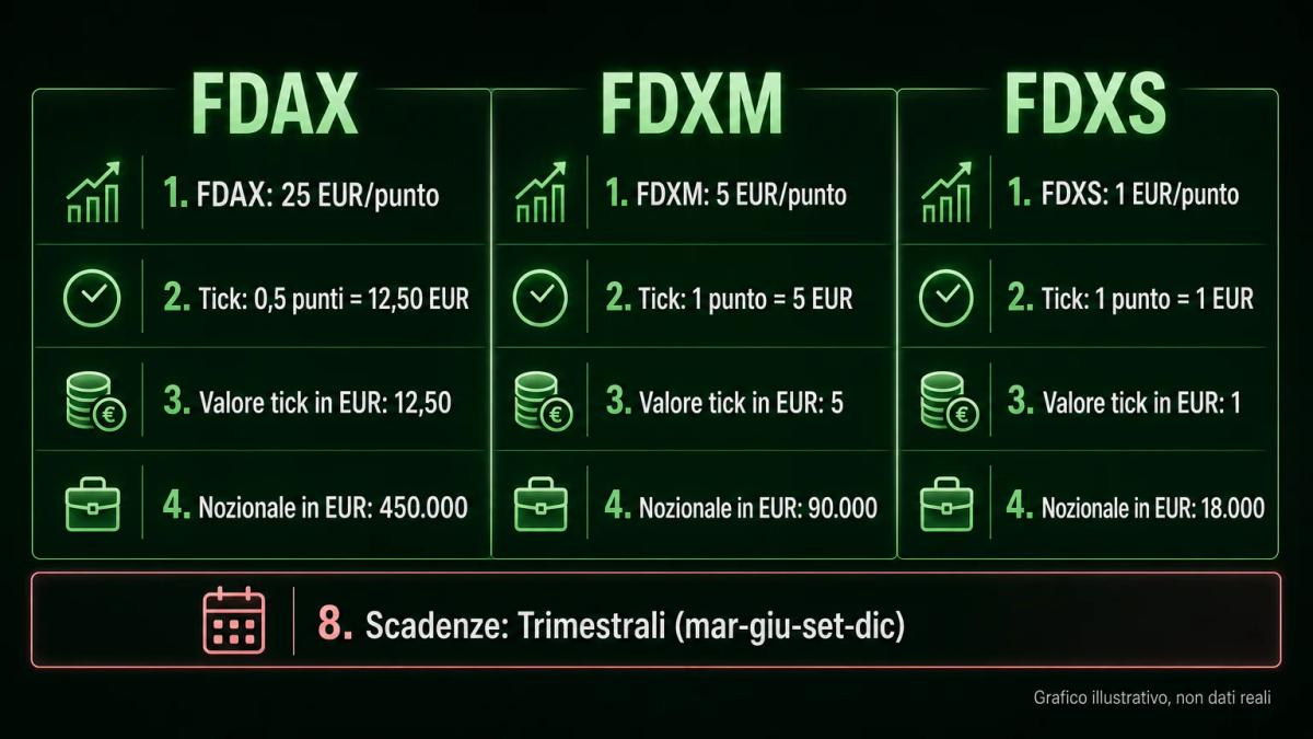 Tabella comparativa dei tre contratti DAX con moltiplicatore, tick, valore tick e nozionale a DAX 18.000