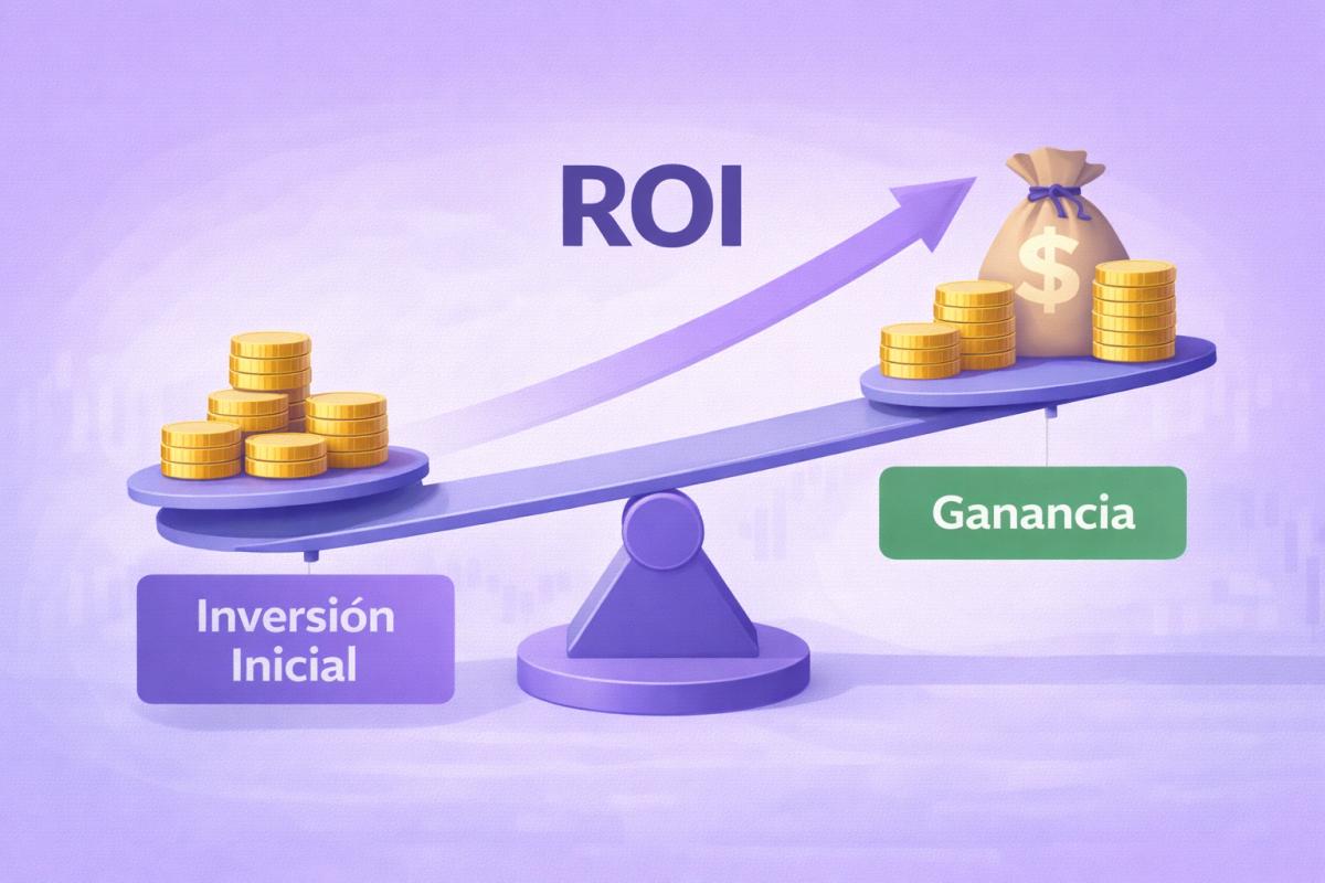Gráfico conceptual del ROI con balanza o flecha ascendente representando ganancia vs. inversión inicial