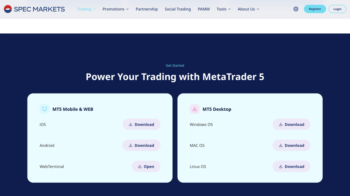 Pagina MetaTrader 5 di Spec Markets con link di download e funzioni principali