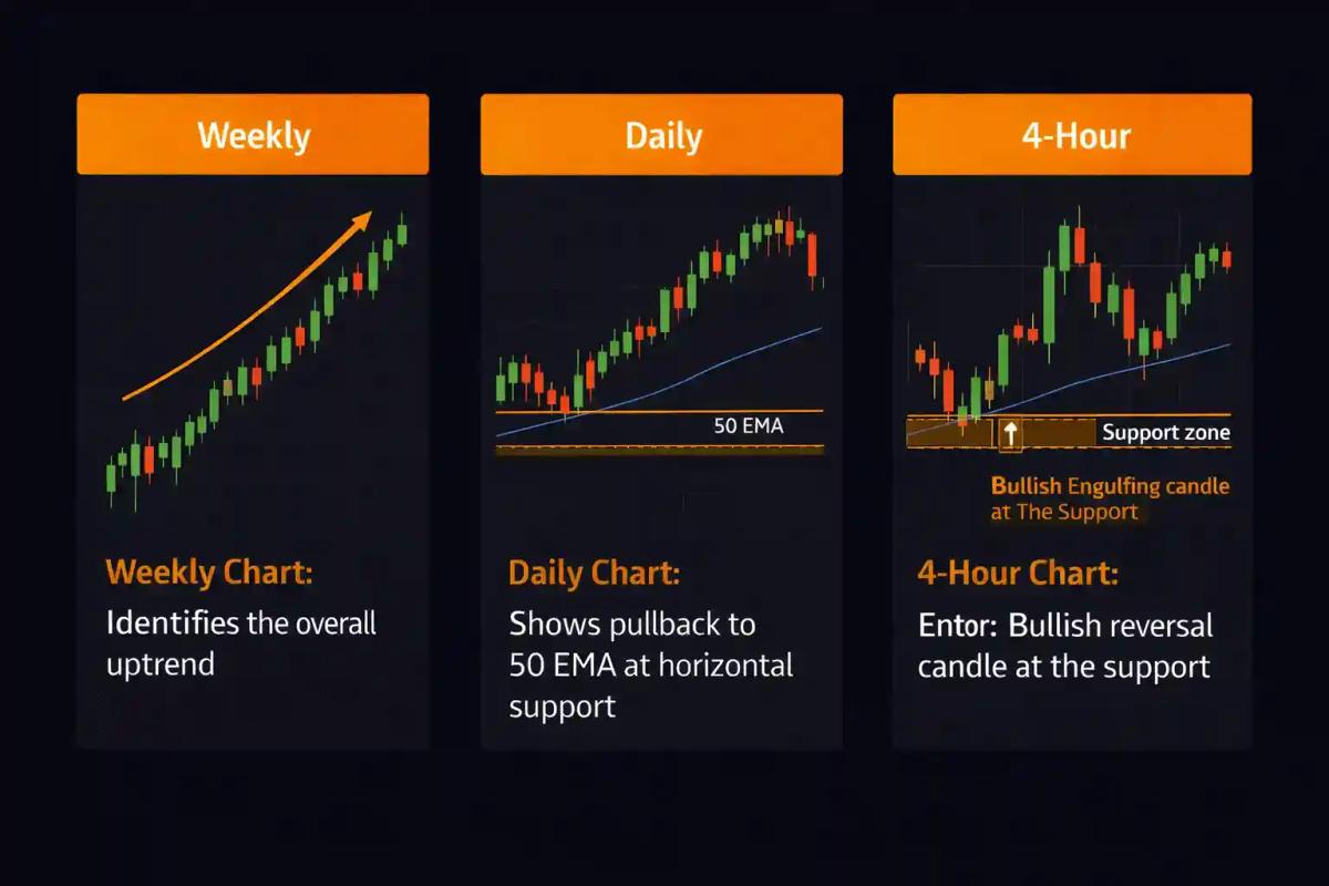 Multi-timeframe analysis showing weekly daily and 4-hour charts of the same instrument with trade decision annotations