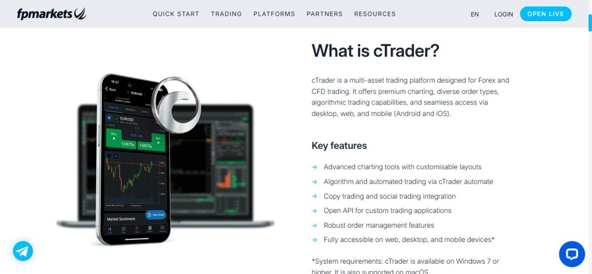 FP Markets cTrader platform showing EUR/USD chart and order entry