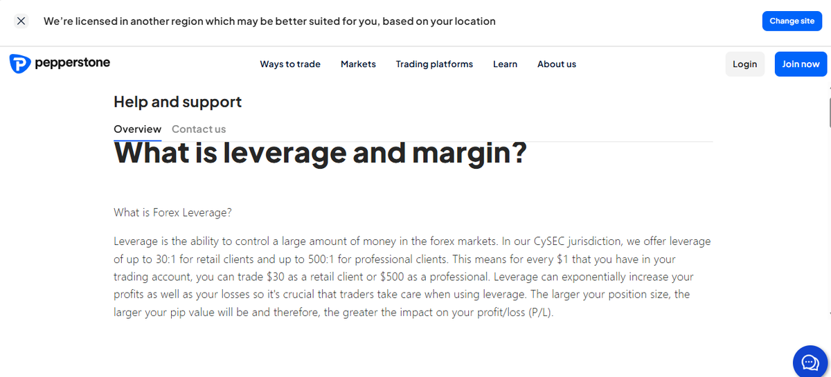 Pepperstone UK leverage and margin page with retail caps up to 30:1