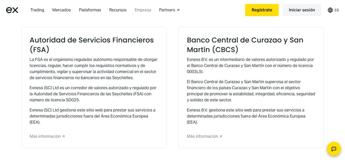 Página de regulación de Exness con licencias FSA, CySEC, FCA y FSCA verificadas