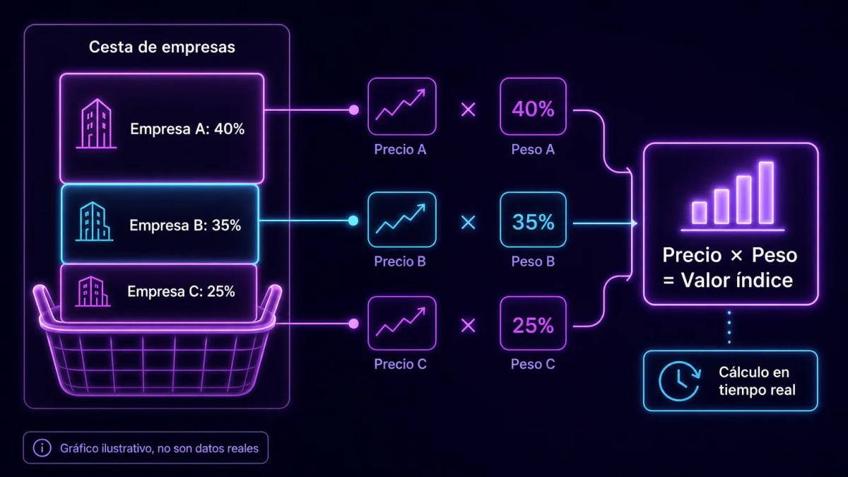 Infografía de un índice bursátil mostrando empresas ponderadas por capitalización y la fórmula de cálculo en tiempo real