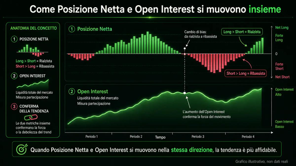 Grafico editoriale che mostra posizione netta positiva e negativa con barre e una linea di open interest sottostante
