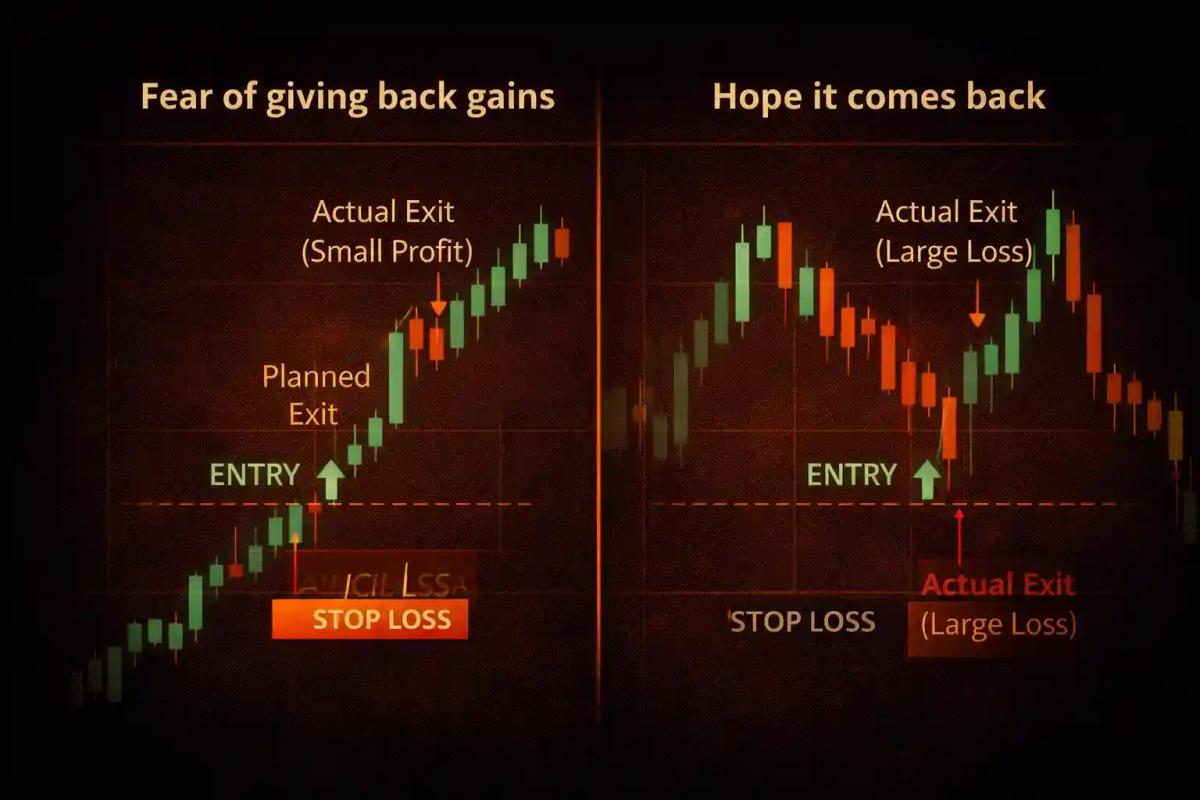 Trading chart comparing two loss aversion patterns_ cutting a winning trade early versus holding a losing trade too long