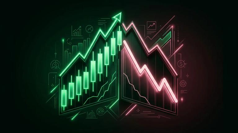 Grafico futures con due linee di prezzo e open interest divergenti, una sale mentre l'altra scende