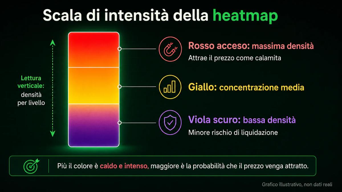Scala di colori della heatmap da rosso acceso a viola scuro con etichette di intensità e significato