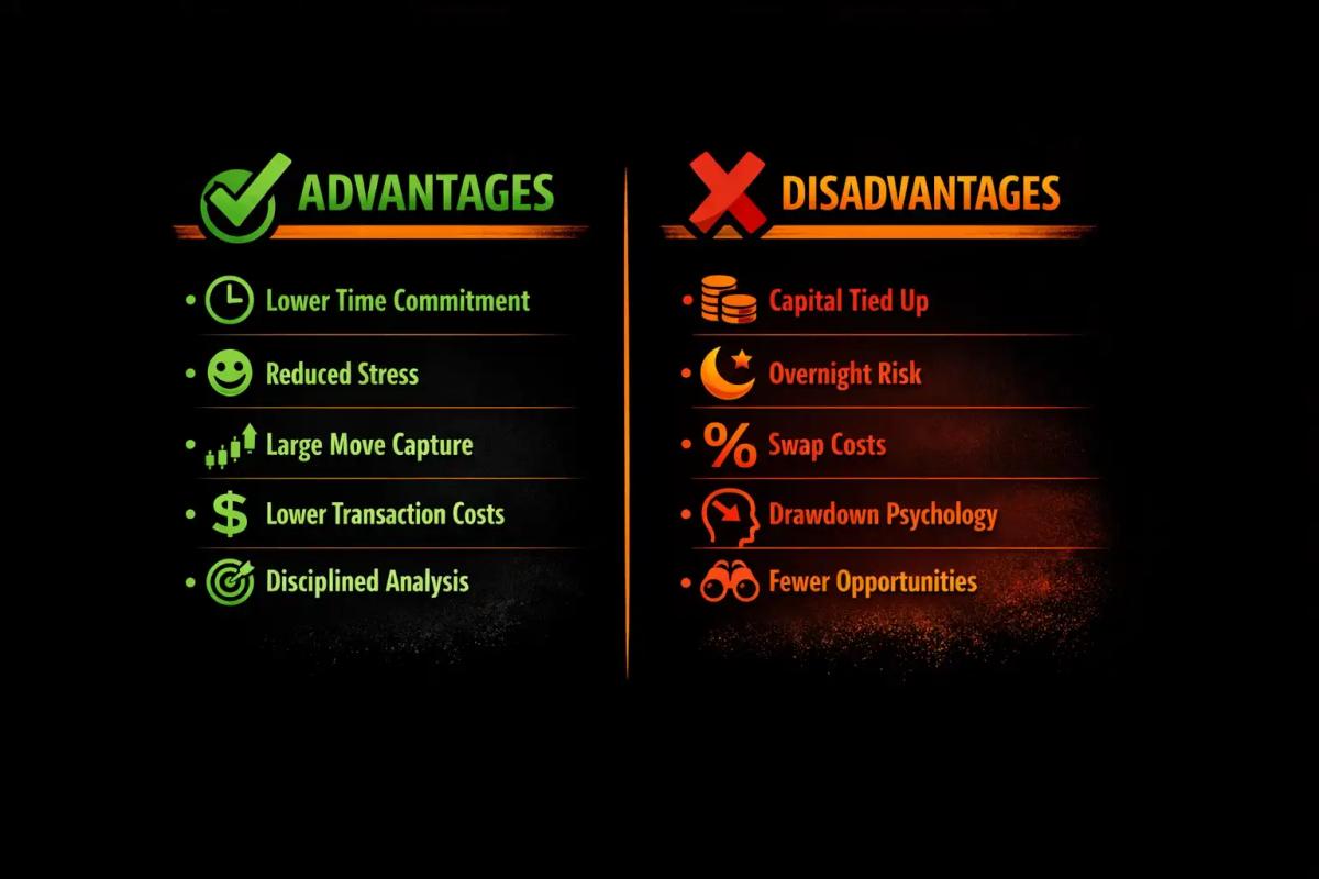 Pros and cons infographic listing the advantages and disadvantages of position trading