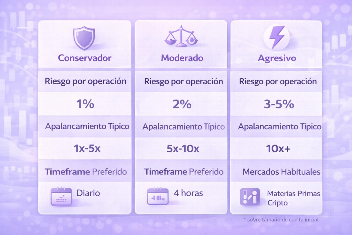 Comparación de perfiles de riesgo en trading conservador moderado y agresivo