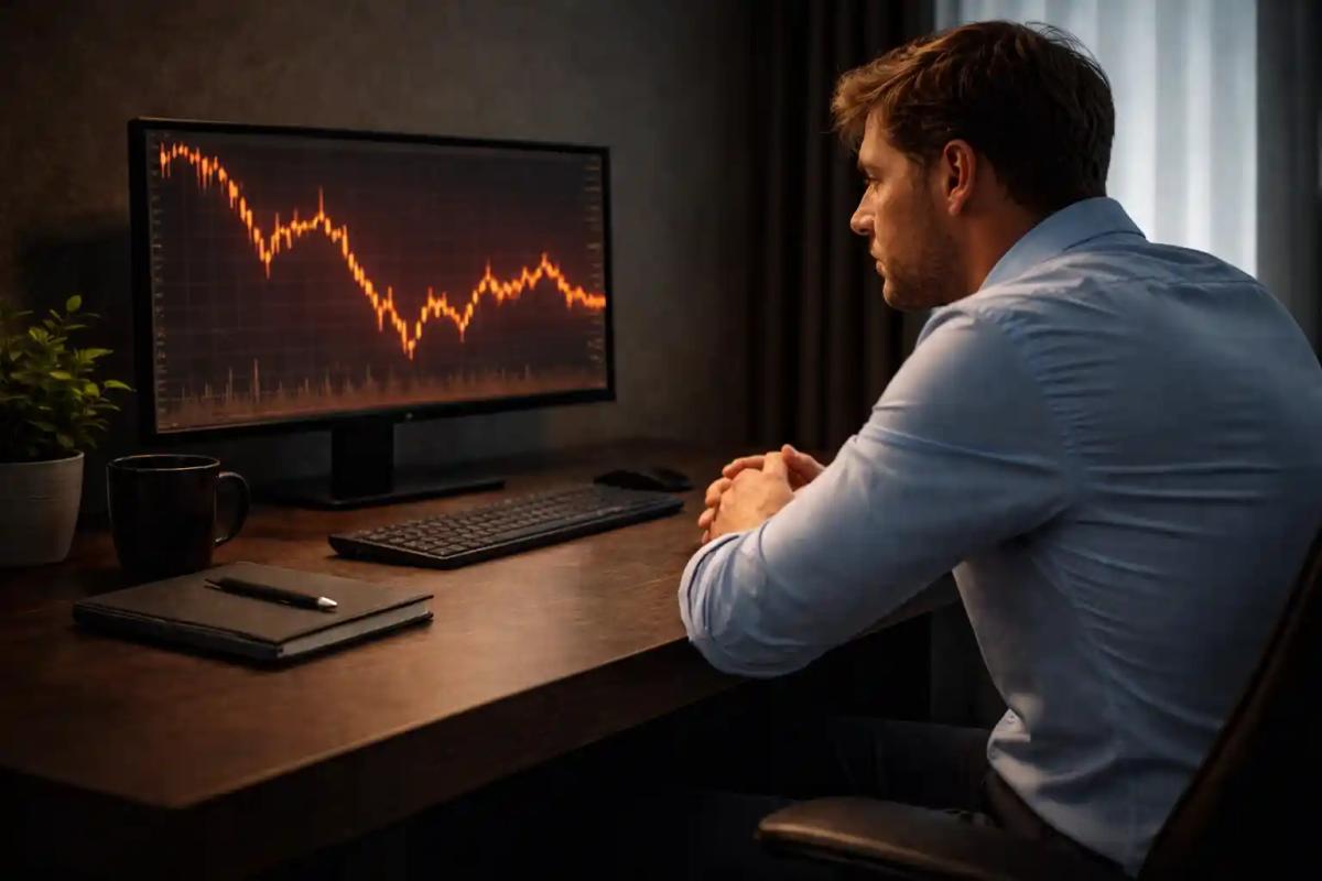 Calm trader at organized desk with notebook and trading screen showing controlled focus_11zon