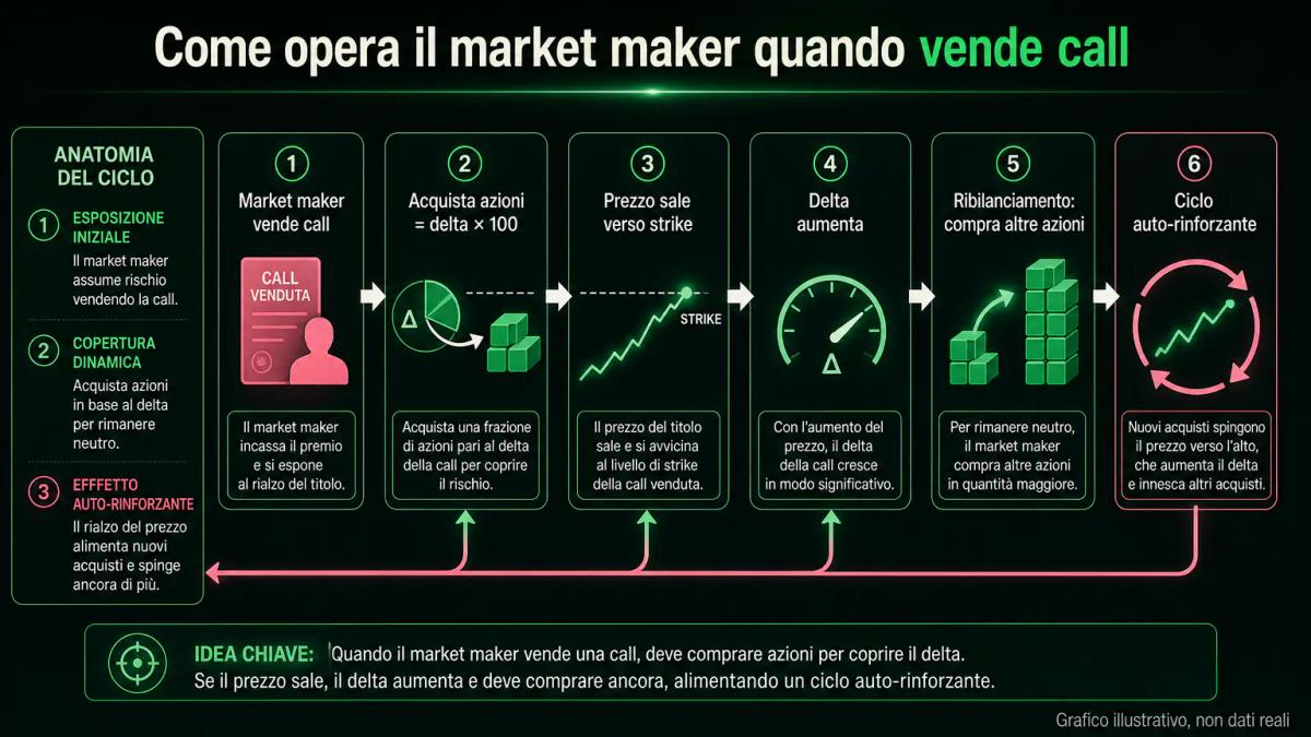 Infografica che mostra delta hedging: vendita di call, acquisto di azioni per coprtura, e il ribilanciamento quando il delta 