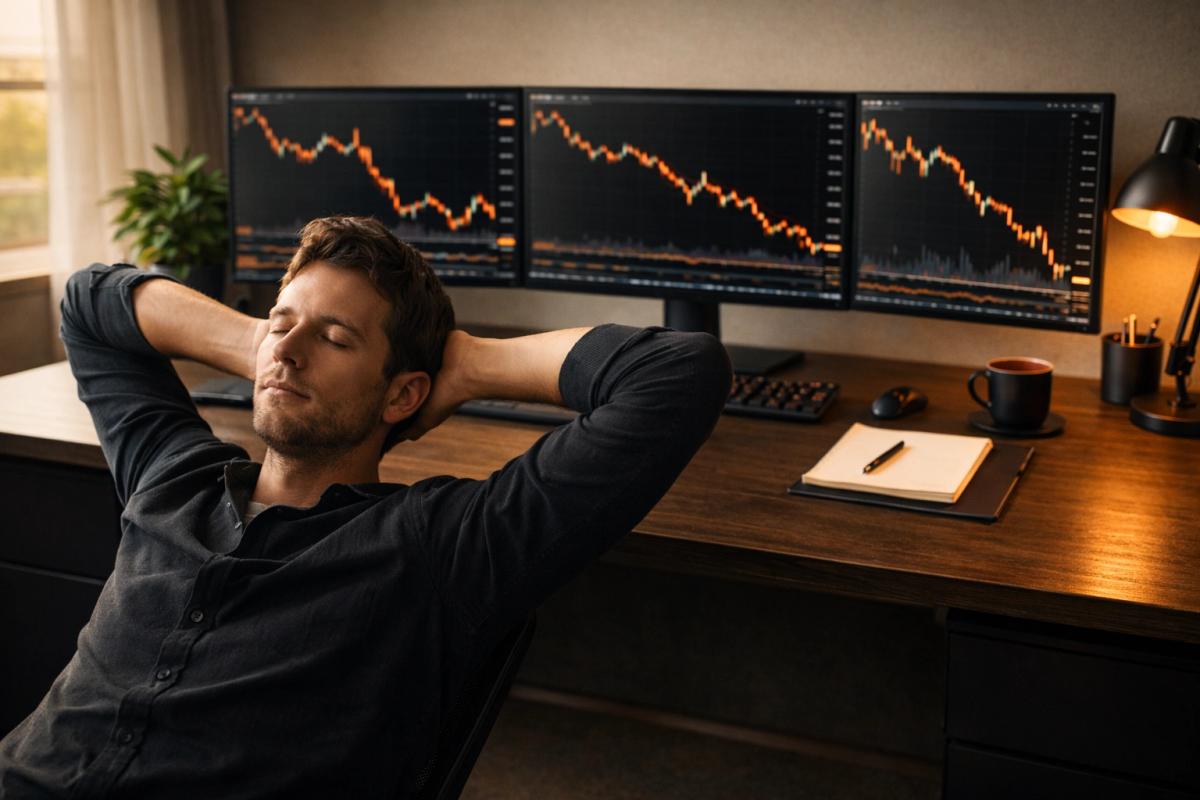 Trader taking an intentional break from charts at a modern trading desk with monitors
