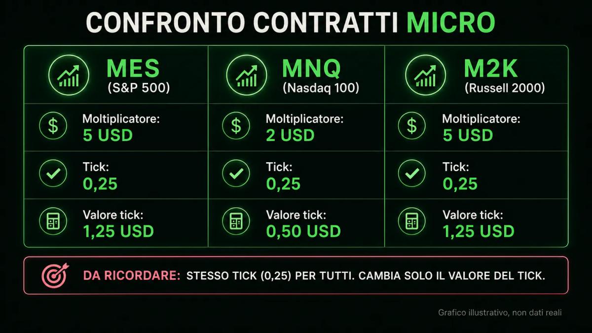 Tabella comparativa dei tre micro futures con moltiplicatori, tick e valori di movimento