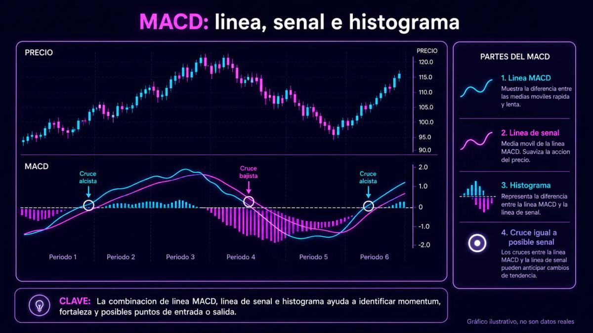 Grafico ilustrativo del MACD con linea MACD, linea de senal e histograma y un cruce marcado