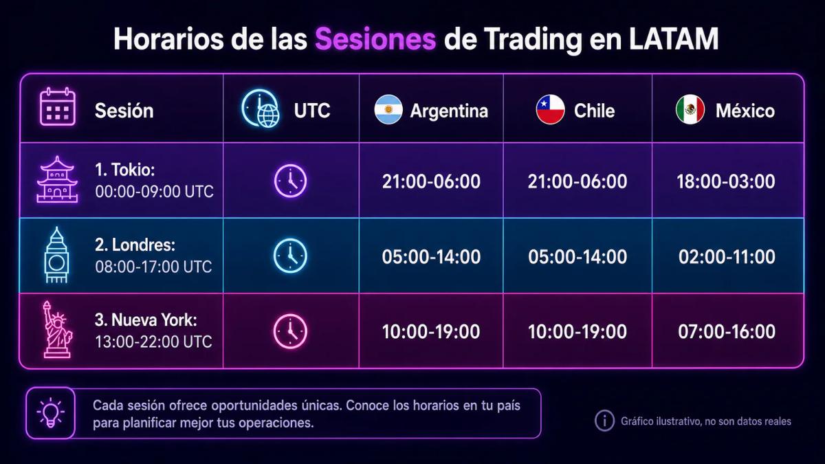 Tabla de horarios de apertura y cierre de sesiones forex en UTC y cuatro países LATAM con códigos de color por sesión
