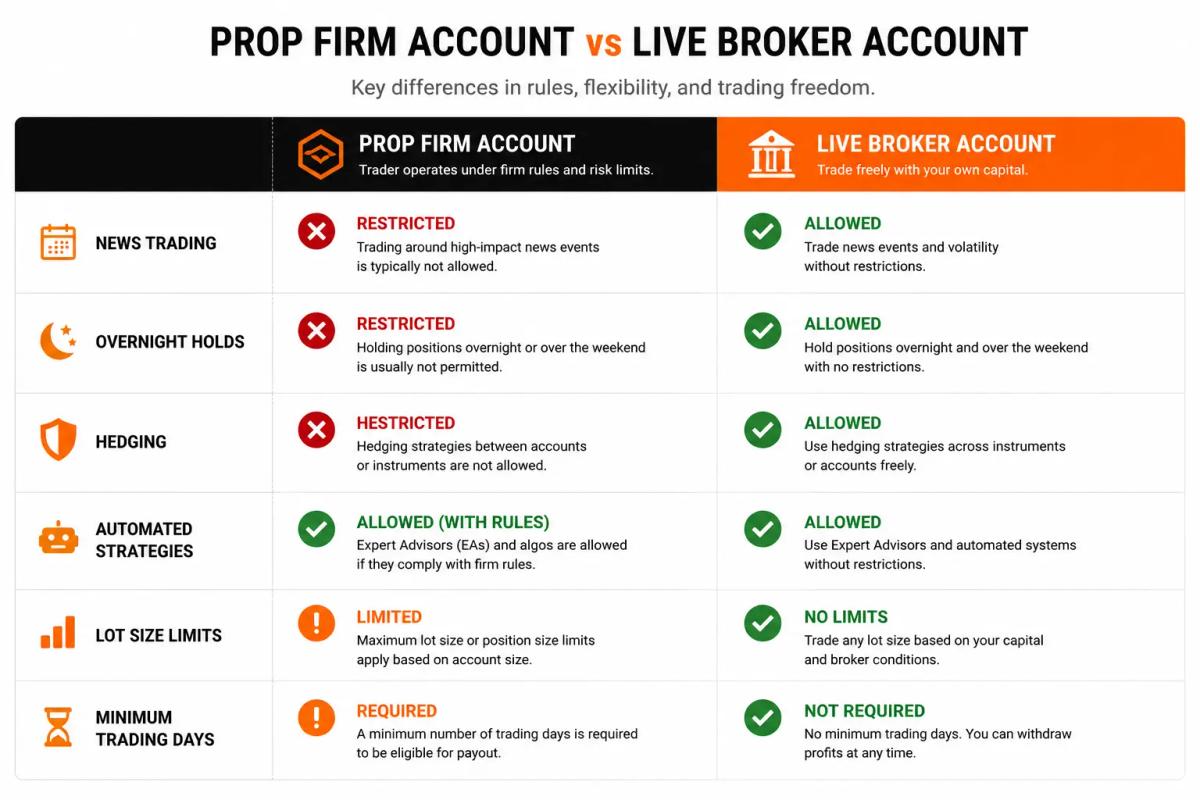 Comparison table of trading restrictions between prop firm accounts and live broker accounts