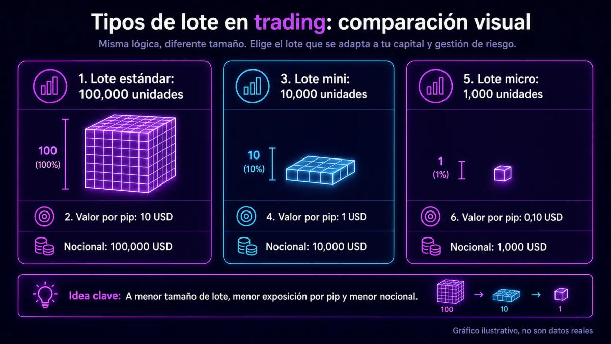 Tabla comparativa de tres tipos de lote con unidades de divisa base y valor por pip