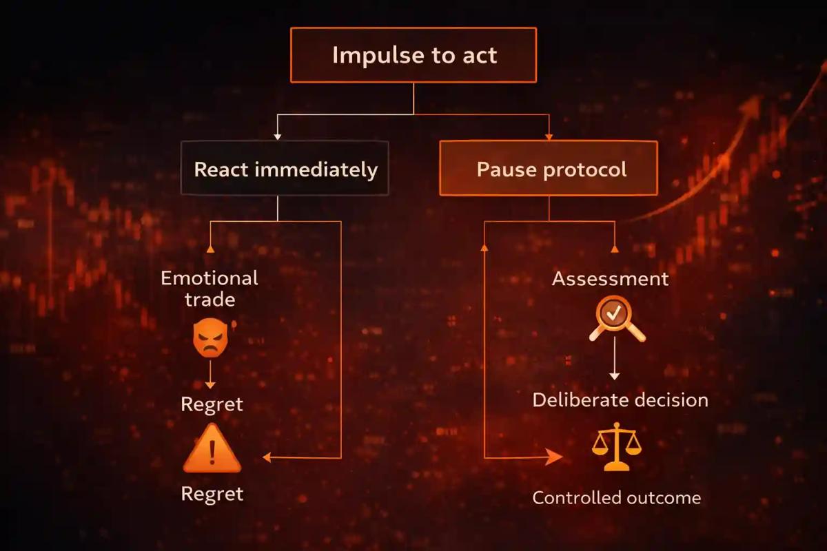 Decision tree comparing reactive trading versus the Pause Protocol for managing trading impulses