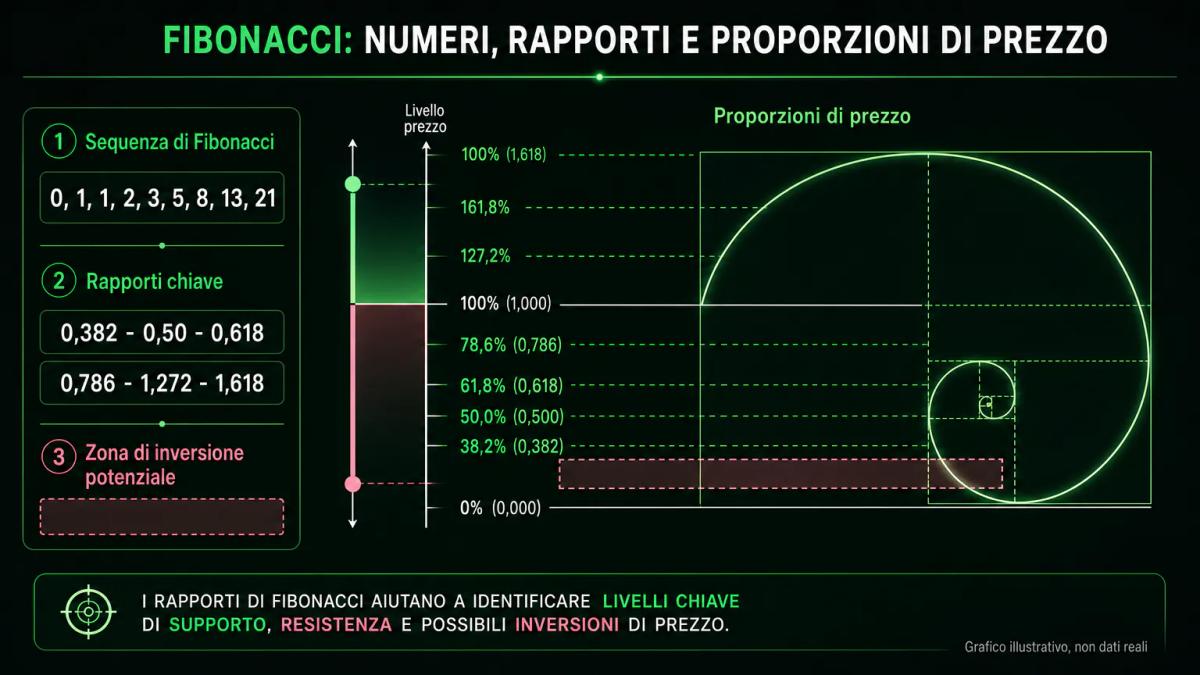 Infografica che mostra la sequenza di Fibonacci e i rapporti chiave utilizzati nei pattern armonici