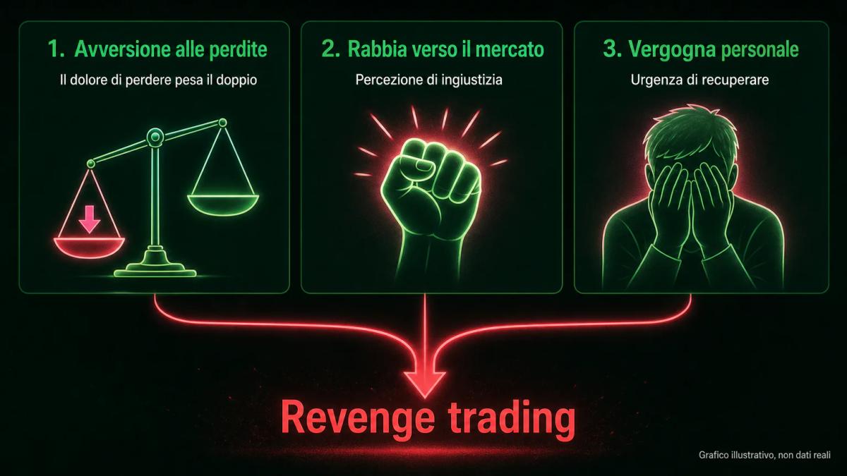 Tre fattori psicologici del revenge trading: avversione alle perdite, rabbia verso il mercato e vergogna personale