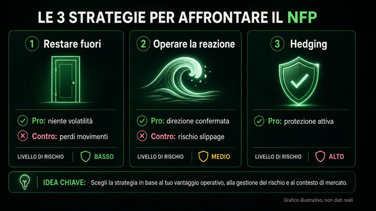 Tabella comparativa delle tre strategie NFP con pro, contro e profilo di rischio