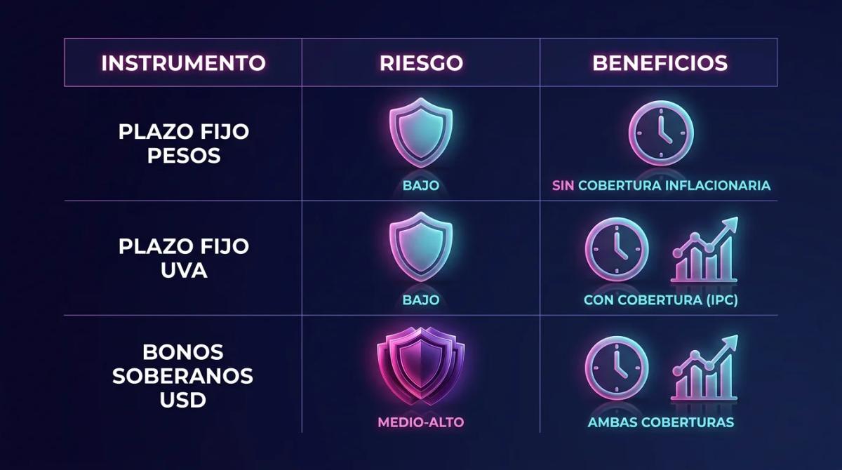 Tabla comparativa de tres instrumentos de inversión con columnas de riesgo, liquidez y cobertura inflacionaria