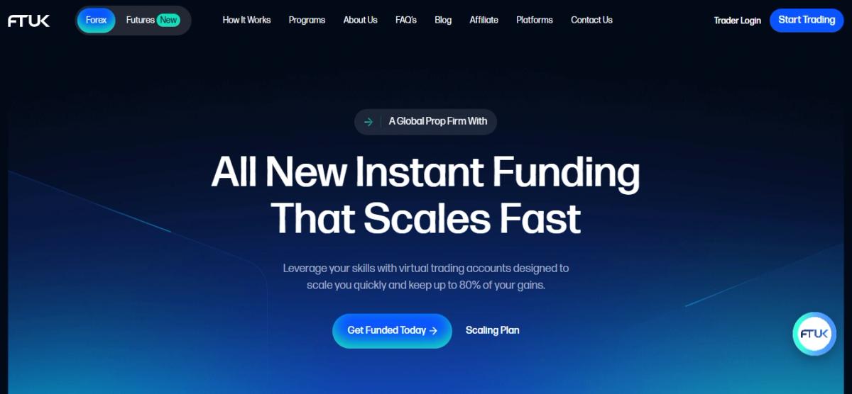 FTUK homepage showing instant funding prop trading programs and key features