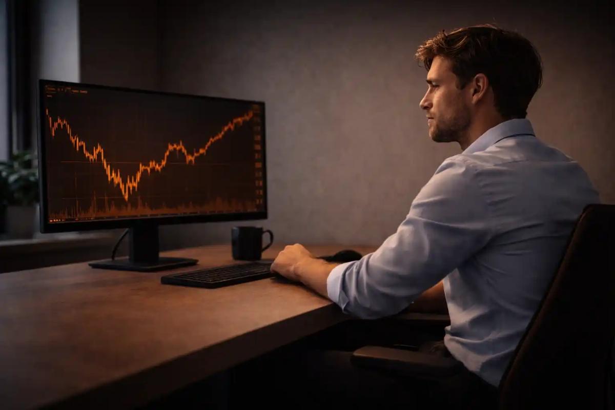 Trader reflecting calmly at desk with trading charts on screen_Purpose_ Sets the introspective