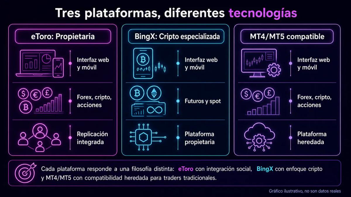 Comparativa de tres plataformas de copy trading con iconos, tecnología subyacente y tipos de activos