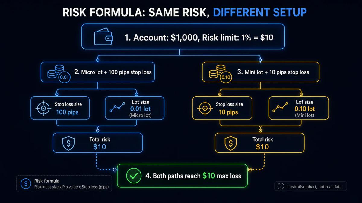 Risk calculation breakdown showing account size, risk percentage, stop loss and resulting lot size