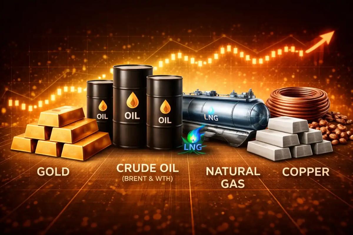 Visual representation of most traded commodities including gold, crude oil, natural gas, silver, and copper
