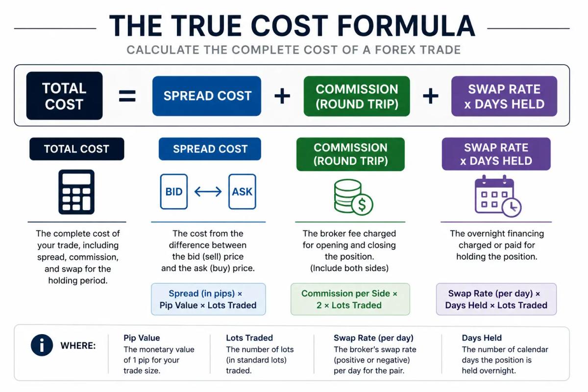 Formula diagram showing how to calculate total forex trade cost including spread, commission, and swap