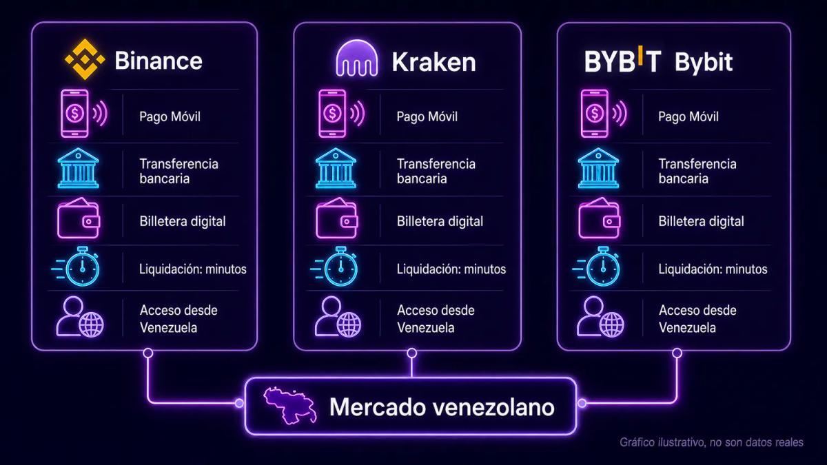 Comparativa de tres exchanges con logos, métodos de pago y velocidad de liquidación