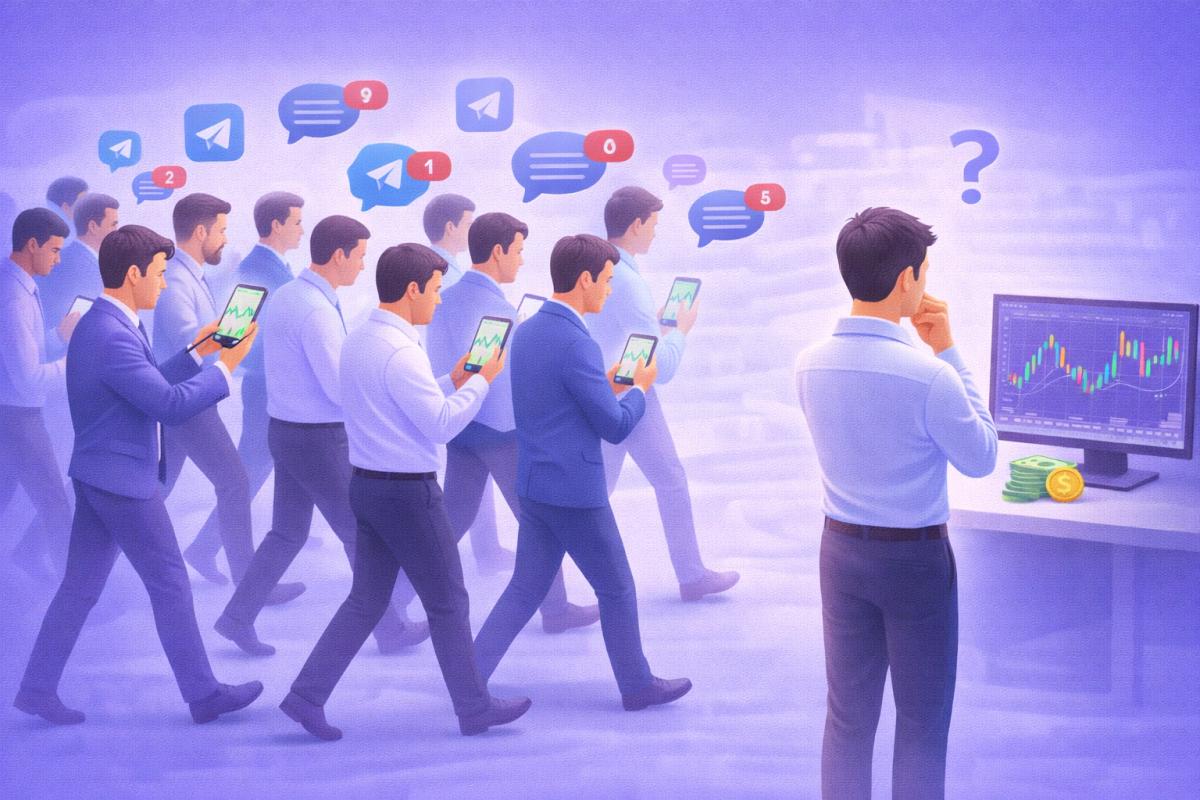 Ilustración del sesgo de manada y FOMO en traders influenciados por redes sociales